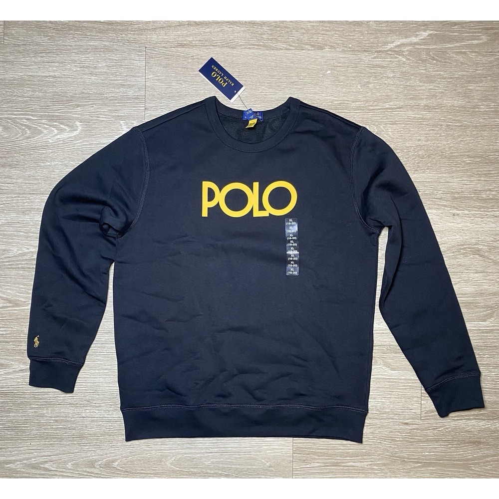 *NWT Polo Ralph Lauren Kid XL 18-20 Black Yellow Logo Fleece Crewneck Sweatshirt - Picture 1 of 8